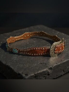 W. B. Atlas Brown Leather Rhinestone Studded Western Belt.